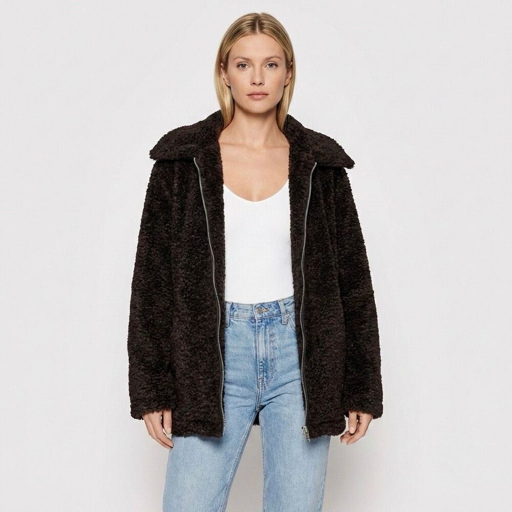NWT Jason Wu Black Brown Teddy Coat Sherpa Jacket Full Zip Womens Large Pockets